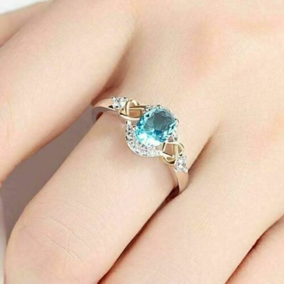 Blue Zircon silver plated Fashion Oval Sky Blue ring size 6 - Picture 2 of 9
